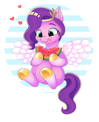 Size: 1488x1824 | Tagged: source needed, safe, artist:freyofelt, character:pipp petals, species:pegasus, species:pony, g5, my little pony: a new generation, adorapipp, chubby, circlet, coat markings, colored hooves, cute, eating, female, food, headband, heart, herbivore, hooves, mare, pipp wings, simple background, sitting, socks (coat marking), solo, spread wings, underhoof, watermelon, weapons-grade cute, wings