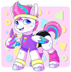 Size: 1791x1824 | Tagged: source needed, safe, artist:freyofelt, character:zipp storm, species:pegasus, species:pony, g5, my little pony: a new generation, abstract background, bracelet, clothing, colored eyebrows, colored hooves, colored wings, female, headband, hooves, jewelry, leg warmers, looking at you, mare, multicolored wings, open mouth, solo, sweat, unshorn fetlocks, water bottle, wing hands, wings, workout, workout outfit, wristband