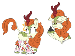 Size: 2915x2204 | Tagged: safe, artist:icey, character:autumn blaze, species:kirin, g4, ash, burning, clothing, exclamation point, female, fire, floppy ears, open mouth, raised hoof, sad, shocked, signature, simple background, socks, solo, white background