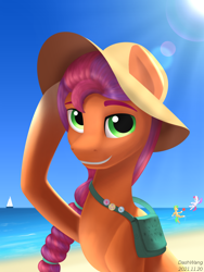 Size: 1668x2224 | Tagged: safe, artist:dash wang, character:hitch trailblazer, character:sunny starscout, character:zipp storm, species:earth pony, species:pegasus, species:pony, g5, bag, ball, beach, beach ball, blaze (coat marking), braided ponytail, clothing, coat markings, colored eyebrows, female, hat, lens flare, looking at you, male, mare, ocean, outdoors, pin, raised hoof, sailboat, satchel, signature, sky, socks (coat marking), solo, solo focus, stallion, sunny's buttons, toy