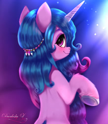 Size: 1853x2122 | Tagged: safe, artist:darksly, part of a set, character:izzy moonbow, species:pony, species:unicorn, g5, my little pony: a new generation, abstract background, bracelet, colored hooves, commission, female, gradient hair, hoof heart, hooves, horn, implied butt, jewelry, looking at you, mare, multicolored hair, profile, signature, solo, underhoof, unshorn fetlocks
