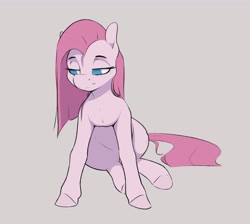 Size: 3133x2802 | Tagged: safe, artist:aquaticvibes, character:pinkamena diane pie, character:pinkie pie, species:earth pony, species:pony, g4, eyebrows, female, gray background, lidded eyes, looking down, looking sideways, mare, no pupils, simple background, sitting, solo, straight hair, tail
