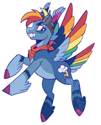 Size: 1339x1645 | Tagged: safe, artist:ssmoobles, character:rainbow dash, species:pegasus, species:pony, g4, alternate design, bandana, clothing, colored hooves, colored wings, cutie mark, female, flying, furrowed brow, goggles, hooves, mare, multicolored hair, multicolored wings, raised tail, redesign, side view, smiling, solo, tail, tail feathers, wings