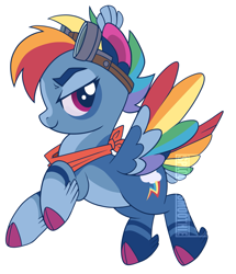 Size: 1465x1701 | Tagged: safe, artist:ssmoobles, base used, character:rainbow dash, species:pegasus, species:pony, g4, alternate design, bandana, base:importantgreatwake, clothing, colored hooves, colored wings, cutie mark, female, flying, furrowed brow, goggles, hooves, mare, multicolored hair, multicolored wings, raised hoof, raised tail, redesign, side view, smirk, solo, tail, tail feathers, wings