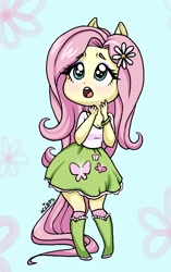 Size: 1046x1667 | Tagged: safe, artist:ameliacostanza, character:fluttershy, species:eqg human, g4, my little pony:equestria girls, blushing, breasts, busty fluttershy, chibi, cleavage, colored eyebrows, cute, eyebrows, eyebrows visible through hair, eyeshadow, female, makeup, open mouth, ponied up, shyabetes, simple background, solo
