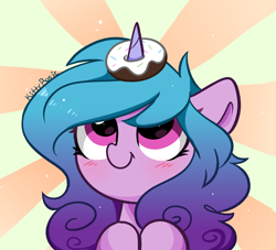 Size: 5096x4618 | Tagged: safe, artist:kittyrosie, character:izzy moonbow, species:pony, species:unicorn, g5, my little pony: a new generation, abstract background, blushing, cute, donut, female, food, gradient hair, izzybetes, looking up, mare, multicolored hair, signature, simple background, smiling, solo