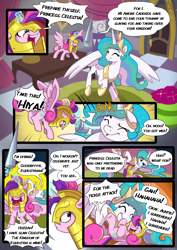Size: 2894x4093 | Tagged: safe, artist:lummh, character:princess cadance, character:princess celestia, species:alicorn, species:pony, g4, armor, armored pony, bonk, canterlot castle, clothing, comic, cosplay, costume, dialogue, female, filly, happy, helmet, hitting, mare, playing, playing dead, spear, speech bubble, text, tickling, weapon, young, young cadance