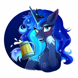 Size: 3543x3543 | Tagged: safe, artist:buvanybu, character:princess luna, species:alicorn, species:pony, g4, alcohol, blushing, chest fluff, cider, cute, cute little fangs, drink, drunk, ear blush, ear fluff, ethereal mane, eyelashes, eyeshadow, fangs, female, galaxy mane, glowing mane, go home you're drunk, high res, horseshoes, jewelry, leg fluff, looking at you, lunabetes, makeup, mare, mug, regalia, sharp teeth, shoulder fluff, simple background, smiling, smiling at you, solo, sparkles, tiara, white background