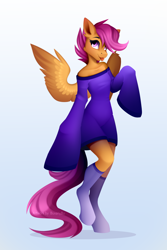 Size: 4724x7087 | Tagged: safe, artist:buvanybu, character:scootaloo, species:anthro, species:pegasus, species:unguligrade anthro, g4, adorasexy, bare shoulders, blep, clothing, cute, dress, equine, eyebrows, female, gradient background, hair over one eye, high res, looking at you, mare, raised eyebrow, raised leg, sexy, signature, socks, solo, spread wings, tongue out, wings