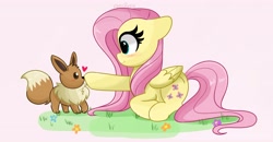 Size: 4096x2131 | Tagged: safe, artist:kittyrosie, character:fluttershy, species:pegasus, species:pony, g4, blushing, boop, crossover, cute, eevee, floating heart, heart, looking at each other, lying down, nintendo, pokémon, profile, prone, shyabetes, simple background, smiling, solo, video game