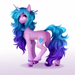 Size: 4096x4096 | Tagged: safe, artist:buvanybu, character:izzy moonbow, species:pony, species:unicorn, g5, bracelet, butt, chest fluff, colored hooves, feather, female, gradient hair, hooves, izzy moonbutt, jewelry, leg fluff, looking at you, looking back, looking back at you, mare, multicolored hair, plot, raised leg, simple background, solo, three quarter view, unshorn fetlocks, watermark, white background