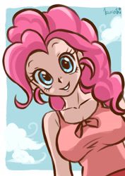 Size: 2480x3508 | Tagged: safe, artist:miku sky, character:pinkie pie, species:human, episode:the ticket master, g4, my little pony: friendship is magic, breasts, busty pinkie pie, cleavage, clothing, cloud, cute, diapinkes, female, human coloration, humanized, looking at you, scene interpretation, signature, sky, smiling, solo, species swap, tank top
