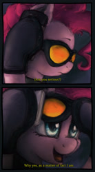 Size: 1085x1960 | Tagged: safe, artist:plotcore, character:pinkie pie, species:earth pony, species:pony, g4, clothing, comic, cute, dialogue, female, frown, gloves, goggles, hoof hold, looking up, mare, open mouth, phone, serious, serious sam, smiling