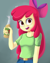 Size: 1600x2000 | Tagged: safe, artist:biocrine, character:apple bloom, species:eqg human, g4, my little pony:equestria girls, apple family member, cider, colored eyebrows, drink, eyebrows, female, freckles, looking at you, open mouth, signature, simple background, smiling, solo