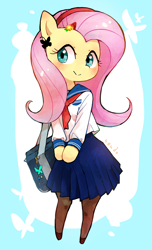 Size: 798x1316 | Tagged: safe, artist:nendo, character:fluttershy, species:pegasus, g4, abstract background, bag, blouse, blushing, clothing, cute, female, hair accessory, hairpin, head turned, looking at you, looking sideways, mare, sailor uniform, satchel, school uniform, semi-anthro, shirt, shyabetes, signature, skirt, smiling, socks, solo, standing, stockings, thigh highs, uniform