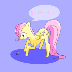 Size: 1500x1500 | Tagged: safe, artist:buu, character:fluttershy, species:bird, species:pegasus, species:pony, g4, dialogue, encouragement, encouraging, female, filly, folded wings, looking down, pixiv, profile, simple background, solo, speech bubble, text, wings, young, younger