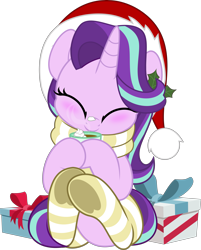 Size: 4021x5000 | Tagged: safe, artist:jhayarr23, part of a set, character:starlight glimmer, species:pony, species:unicorn, g4, blushing, christmas, clothing, commission, cute, dawwww, drink, eyes closed, female, gift box, glimmerbetes, hat, holiday, hoof hold, hot chocolate, mare, mug, present, santa hat, simple background, sitting, socks, solo, transparent background, underhoof, ych result