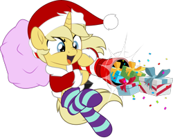 Size: 6162x5000 | Tagged: safe, artist:jhayarr23, part of a set, oc, oc only, oc:sunlight bolt, species:pony, species:unicorn, g4, bag, christmas, clothing, commission, costume, gift box, hat, holiday, male, open mouth, sack, santa costume, santa hat, simple background, socks, solo, stallion, transparent background, ych result