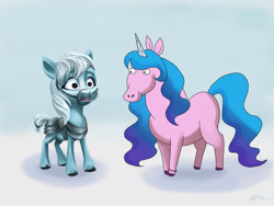 Size: 1280x960 | Tagged: safe, artist:catscratchpaper, character:izzy moonbow, species:pony, species:unicorn, g5, armor, bracelet, centaurworld, coat markings, colored eyebrows, colored hooves, crossover, duo, eyebrows, female, gradient hair, hoers, hooves, horse (centaurworld), jewelry, kimiko glenn, mare, multicolored hair, netflix, open mouth, parody, reins, signature, simple background, smiling, style emulation, three quarter view, unshorn fetlocks, voice actor joke