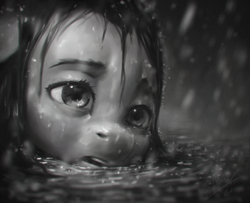 Size: 1080x875 | Tagged: safe, artist:assasinmonkey, character:sunny starscout, species:earth pony, species:pony, g5, black and white, bust, digital painting, female, grayscale, mare, monochrome, open mouth, portrait, rain, sad, signature, solo, technically advanced, water, wet mane