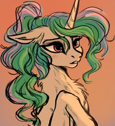 Size: 1097x1200 | Tagged: safe, artist:freyafera, character:princess celestia, species:alicorn, species:pony, g4, alternate hairstyle, blushing, chest fluff, cute, cutelestia, eyebrows, eyebrows visible through hair, female, floppy ears, gradient background, mare, messy mane, orange background, ponytail, raised hoof, simple background, solo