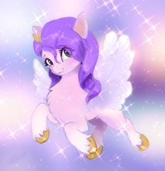 Size: 1280x1322 | Tagged: safe, artist:xbi, derpibooru original, character:pipp petals, species:pegasus, species:pony, g5, my little pony: a new generation, abstract background, coat markings, colored eyebrows, colored hooves, eye clipping through hair, eyebrows, eyebrows visible through hair, female, hooves, looking at you, mare, pipp wings, smiling, socks (coat marking), solo, spread wings, unshorn fetlocks, wings