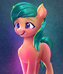 Size: 1852x2165 | Tagged: safe, artist:xbi, derpibooru original, species:earth pony, species:pony, g5, abstract background, background pony, cheek fluff, chest fluff, color porn, colored eyebrows, cute, ear fluff, eyebrows, female, fluffy, leg fluff, mare, open mouth, open smile, signature, smiling, solo, three quarter view, unnamed character, unnamed pony