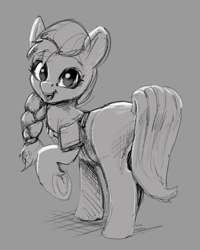 Size: 725x904 | Tagged: safe, alternate version, artist:xbi, derpibooru original, character:sunny starscout, species:earth pony, species:pony, g5, my little pony: a new generation, bag, braid, colored eyebrows, cute, eyebrows, female, gray background, grayscale, harness, looking at you, looking back, mare, monochrome, open mouth, open smile, raised hoof, satchel, simple background, smiling, solo, sunny's buttons, sunnybetes, tack, underhoof