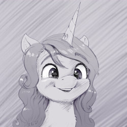 Size: 2376x2376 | Tagged: safe, artist:xbi, character:izzy moonbow, species:pony, species:unicorn, g5, my little pony: a new generation, abstract background, bust, cheek fluff, cute, ear fluff, eyebrows, eyebrows visible through hair, female, fluffy, grayscale, izzybetes, mare, monochrome, neck fluff, open mouth, portrait, reflection, signature, simple background, smiling, solo