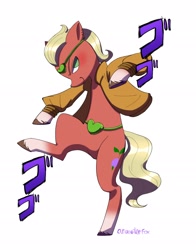 Size: 1980x2530 | Tagged: safe, artist:hdthefox1, character:sprout, species:earth pony, species:pony, g5, my little pony: a new generation, anime, bipedal, clothing, coat markings, colored hooves, crossover, dio brando, dio sprouto, hooves, japanese, jojo's bizarre adventure, looking at you, male, profile, signature, simple background, socks (coat marking), solo, stallion, stardust crusaders, text, unshorn fetlocks, white background