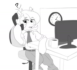Size: 1543x1407 | Tagged: safe, artist:littlebibbo, oc, oc only, oc:bibbo, species:pegasus, species:pony, g4, chair, clock, clothing, computer screen, eyebrows, eyebrows visible through hair, female, freckles, holding, lidded eyes, mare, monochrome, mug, necktie, office, office chair, open mouth, pants, phone, question mark, shirt, sitting, sketch, solo, table, trousers