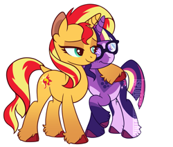 Size: 1101x937 | Tagged: safe, artist:ssmoobles, base used, character:sunset shimmer, character:twilight sparkle, character:twilight sparkle (scitwi), species:pony, species:unicorn, ship:scitwishimmer, ship:sunsetsparkle, g4, my little pony:equestria girls, affection, alternate design, alternate universe, arm around back, colored hooves, couple, cutie mark, female, glasses, gradient legs, hooves, hugging a pony, implied shipping, lesbian, lidded eyes, mare, multicolored hair, raised hoof, redesign, shipping, simple background, smiling, three quarter view, transparent background, unshorn fetlocks
