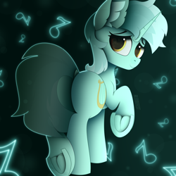 Size: 3000x3000 | Tagged: safe, alternate version, artist:alexbefest, character:lyra heartstrings, species:pony, species:unicorn, g4, abstract background, blue, butt, cute, dock, ear fluff, eyebrows, featureless crotch, female, frog (hoof), high res, hoofbutt, hooves, horn, looking at you, looking back, looking back at you, lyrabetes, lyrebutt, mare, neon, plot, raised hoof, raised leg, rear view, signature, smiling, smiling at you, solo, standing on two hooves, tail, underhoof