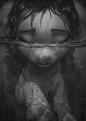 Size: 771x1080 | Tagged: safe, artist:assasinmonkey, character:sunny starscout, species:earth pony, species:pony, g5, black and white, digital painting, eyebrows, eyes closed, female, grayscale, mare, monochrome, open mouth, signature, solo, submerged, technically advanced, underwater, water