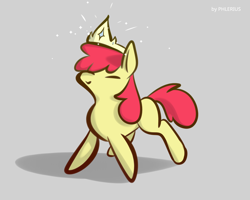 Size: 2500x2000 | Tagged: safe, artist:phlerius, character:apple bloom, species:earth pony, species:pony, g4, adorabloom, apple family member, crown, cute, digital art, eyes closed, female, filly, hooves, jewelry, regalia, signature, simple background, solo, sparkles, young