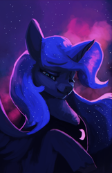 Size: 1500x2312 | Tagged: safe, artist:hierozaki, character:princess luna, species:alicorn, species:pony, g4, digital painting, eyebrows, eyebrows visible through hair, female, jewelry, looking at you, mare, necklace, night, night sky, peytral, raised hoof, sky, solo, spread wings, stars, three quarter view, wings