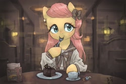 Size: 1800x1200 | Tagged: safe, artist:yanamosuda, character:fluttershy, species:pegasus, species:pony, g4, blushing, bow, cake, clothing, cup, cute, dessert, ear piercing, earring, eating, female, food, fork, full face view, hair bow, herbivore, hoof hold, indoors, jewelry, looking at you, mare, piercing, shyabetes, smiling, solo, table