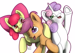 Size: 4096x2892 | Tagged: safe, artist:dbcreativearts, character:apple bloom, character:scootaloo, character:sweetie belle, species:earth pony, species:pegasus, species:pony, species:unicorn, ship:sweetiebloomaloo, g4, :3, adorabloom, apple family member, biting, cmc day, cute, cutealoo, cutie mark crusaders, diasweetes, ear bite, eating, female, filly, nom, one eye closed, open mouth, open smile, raised hoof, signature, simple background, smiling, three quarter view, underhoof, white background, young