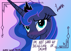 Size: 4823x3445 | Tagged: safe, artist:darkest-lunar-flower, character:princess luna, species:alicorn, species:pony, episode:a royal problem, g4, my little pony: friendship is magic, absurd resolution, adorkable, blushing, bronybait, bust, cute, dork, embarrassed, female, floppy ears, frown, gradient background, lidded eyes, looking at you, lunabetes, mare, messy mane, pony shaming, portrait, sad, self deprecation, shaming, shy, sign, signature, social anxiety, solo, text