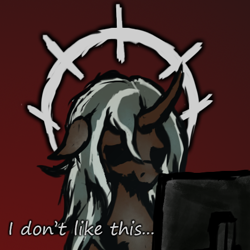 Size: 512x512 | Tagged: safe, artist:gangrene, oc, oc only, oc:alter, species:pony, species:unicorn, g4, computer, darkest dungeon, looking at something, male, original species, reaction image, simple background, solo, stallion, stressed, text