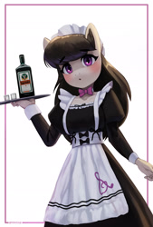 Size: 1650x2435 | Tagged: safe, artist:mrscroup, character:octavia melody, species:anthro, species:earth pony, g4, :o, alcohol, blushing, bow tie, clothing, cute, dress, drink, eyebrows, eyebrows visible through hair, female, jagermeister, looking at you, maid, mare, open mouth, simple background, solo, tavibetes, white background