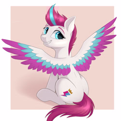 Size: 3543x3543 | Tagged: safe, artist:qwq2233, derpibooru original, character:zipp storm, species:pegasus, species:pony, g5, my little pony: a new generation, adorazipp, colored eyebrows, colored wings, cute, eyebrows, female, looking at you, looking back, looking back at you, mare, multicolored wings, simple background, sitting, smiling, solo, spread wings, wings
