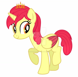 Size: 1280x1265 | Tagged: safe, artist:starlightdrop, character:apple bloom, species:alicorn, species:pony, g4, alicornified, alternate hairstyle, alternate universe, apple family member, bloomicorn, colored wings, crown, cute, female, jewelry, mare, older, older apple bloom, race swap, raised hoof, regalia, simple background, solo, tiara, white background, wings