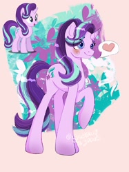 Size: 1024x1366 | Tagged: safe, artist:sjmarts, character:starlight glimmer, species:pony, species:unicorn, g4, abstract background, colored eyebrows, eye clipping through hair, eyebrows, female, heart, mare, open mouth, open smile, raised hoof, signature, smiling, solo, three quarter view