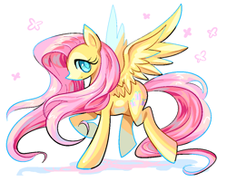 Size: 1000x800 | Tagged: safe, artist:noneimagines, character:fluttershy, species:pegasus, species:pony, g4, abstract background, colored pupils, female, looking at you, mare, profile, raised hoof, solo, spread wings, wings