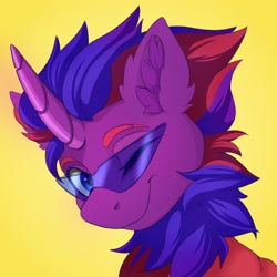 Size: 2000x2000 | Tagged: safe, artist:galinn-arts, oc, oc only, unnamed oc, species:pony, species:unicorn, g4, bust, colored eyebrows, ear fluff, multicolored hair, one eye closed, portrait, simple background, smiling, solo, sunglasses, wink, winking at you, yellow background