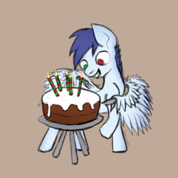 Size: 2048x2048 | Tagged: safe, artist:gangrene, oc, oc only, oc:slipstream, species:pegasus, species:pony, g4, cake, candle, food, fork, knife, simple background, sketch, solo, standing, weapon, wing hands, wing hold, wings