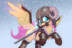 Size: 3400x2302 | Tagged: safe, artist:xbi, character:fluttershy, species:pegasus, species:pony, g4, 30 minute art challenge finished after, armor, clothing, dovahkiin, dovahshy, female, helmet, holding, horned helmet, mare, mouth hold, rearing, snow, solo, spread wings, sword, weapon, wing armor, wings