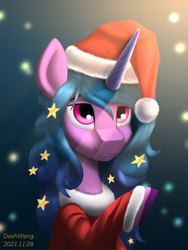 Size: 1668x2224 | Tagged: safe, artist:dash wang, character:izzy moonbow, species:pony, species:unicorn, g5, christmas, clothing, colored hooves, costume, female, gradient background, gradient hair, hat, holiday, hooves, mare, multicolored hair, raised hoof, santa costume, santa hat, signature, smiling, solo, stars