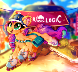 Size: 2000x1837 | Tagged: safe, artist:woonborg, character:sunny starscout, species:earth pony, species:pony, g5, bag, blurred background, cheek fluff, chest fluff, city, cloud, cute, day, ear fluff, eyelashes, female, fluffy, fullshade, grass, happy, helmet, hoof fluff, hooves, leg fluff, mare, open mouth, open smile, pins, raised hoof, raised leg, roller skates, satchel, shoulder fluff, sky, smiling, solo, sun, sunny's buttons, sunnybetes, three quarter view
